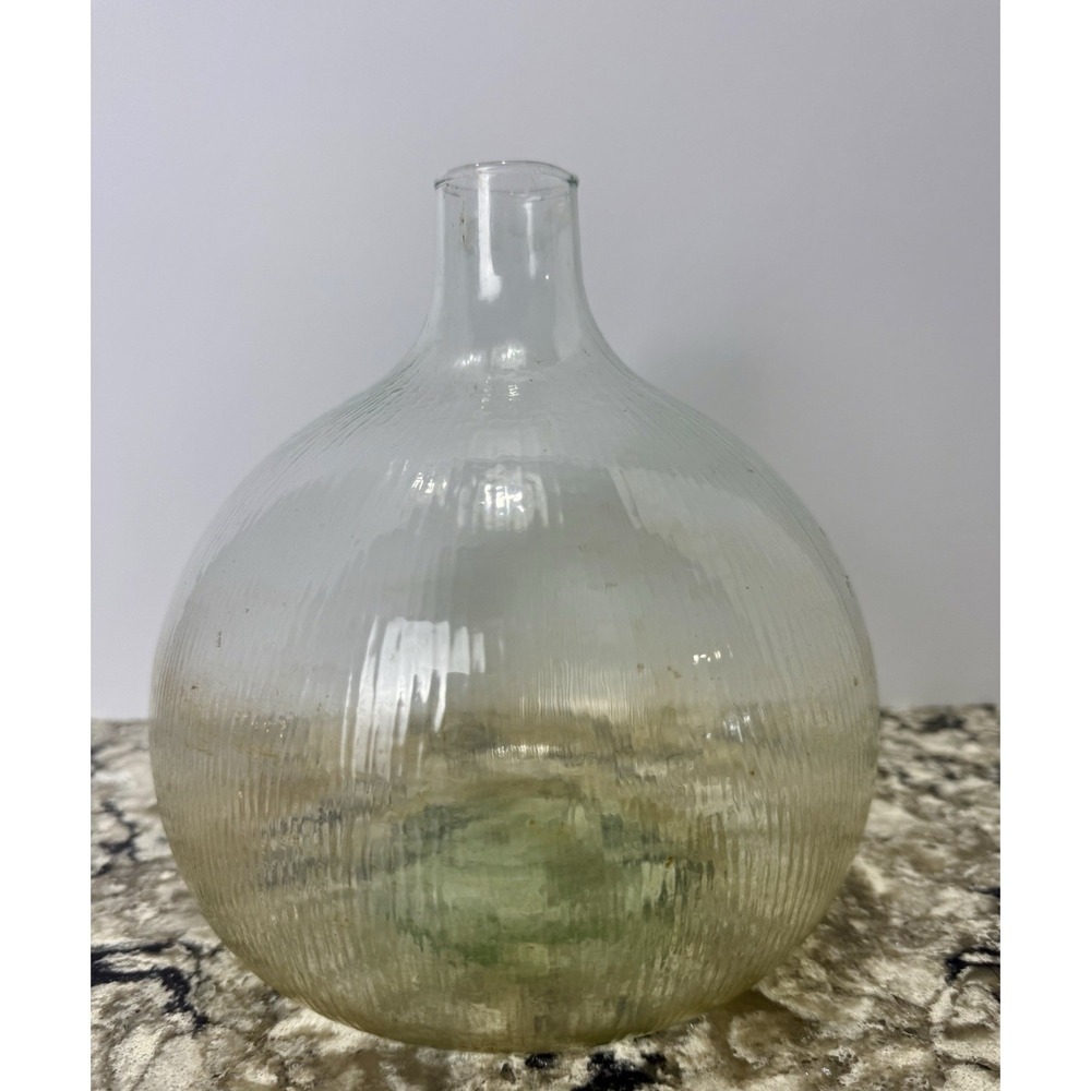 Vintage Glass Vase Rounded Carboy Body Ribbed Texture 8x7" Demijohn?